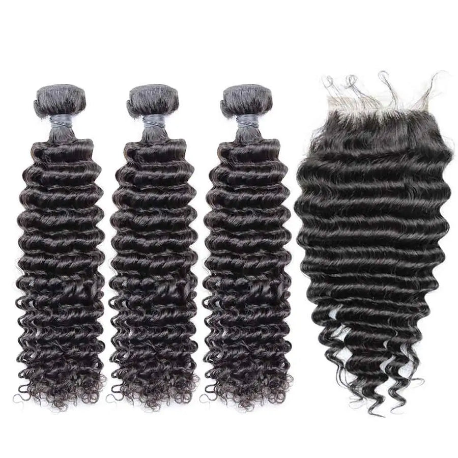 THREE BRAZILIAN "DIVA" DEEP WAVE BUNDLES + 5X5 HD LACE CLOSURE