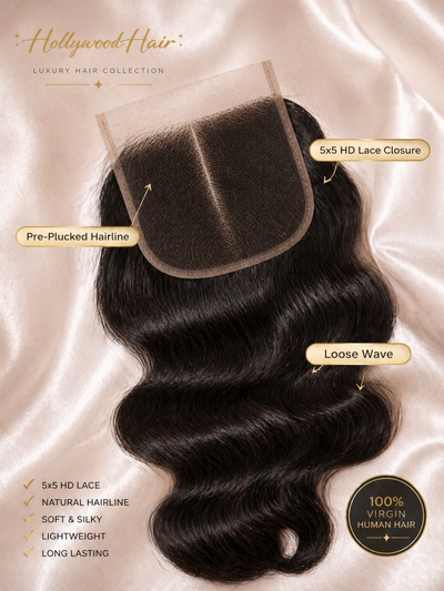 Platinum Collection Lola Loose Wave 5x5 HD lace closure with pre-plucked hairline and soft virgin human hair texture