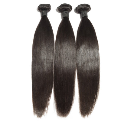 Three natural color, platinum collection, Silky Starlet straight bundles on a white background