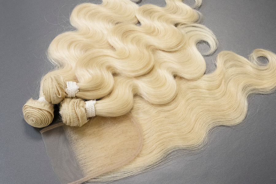 THREE BRAZILIAN BLONDE "BOMBSHELL" BODY WAVE  BUNDLES  613 (BLONDE) 5X5 HD CLOSURE