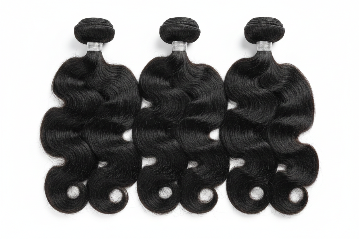 Three Platinum Body Wave human hair bundles with big soft flowing waves on a white background
